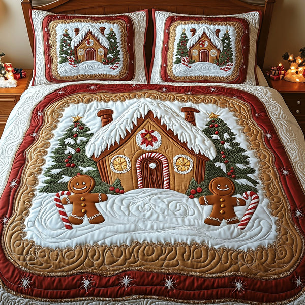 Christmas Cottage Snuggles quilted 3-piece bedding set on a made bed in a winter-styled bedroom