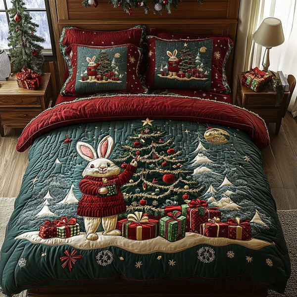 Christmas Cottontail Cheer quilted 3-piece bedding set on a made bed in a winter-styled bedroom