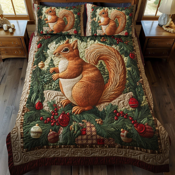 Christmas Critter quilted 3-piece bedding set on a made bed in a winter-styled bedroom