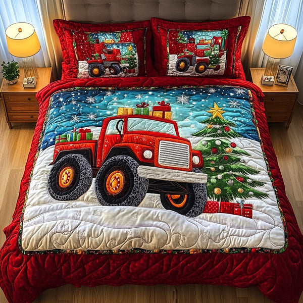 Christmas Cruiser quilted 3-piece bedding set on a made bed in a winter-styled bedroom