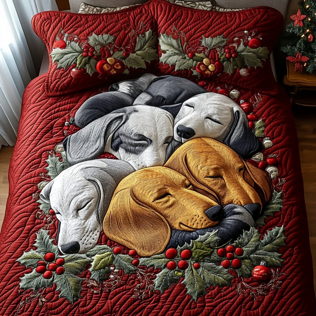 Christmas Cuddles quilted 3-piece bedding set on a made bed in a winter-styled bedroom