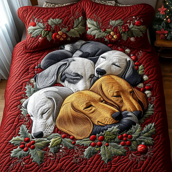 Christmas Cuddles quilted 3-piece bedding set on a made bed in a winter-styled bedroom