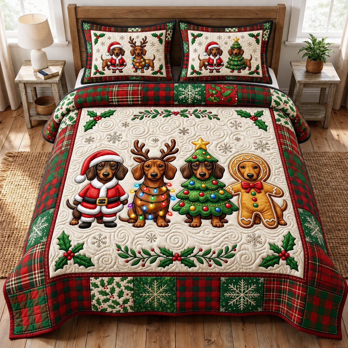 Christmas Dachshund quilted 3-piece bedding set on a made bed in a winter-styled bedroom