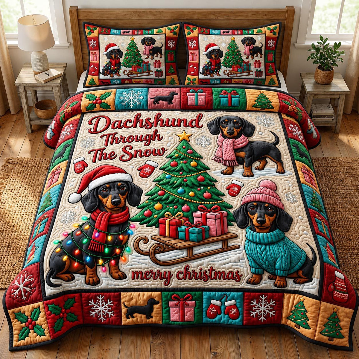 Christmas Dachshund quilted 3-piece bedding set on a made bed in a winter-styled bedroom