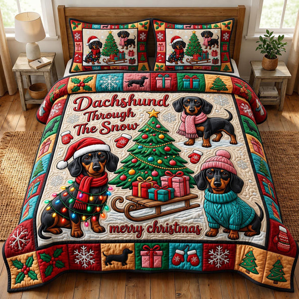 Christmas Dachshund quilted 3-piece bedding set on a made bed in a winter-styled bedroom
