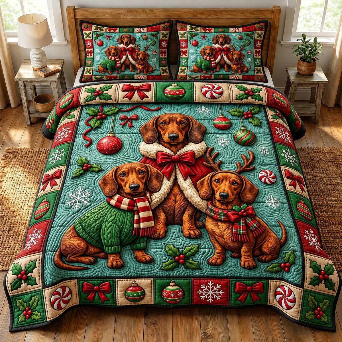 Christmas Dachshund quilted 3-piece bedding set on a made bed in a winter-styled bedroom