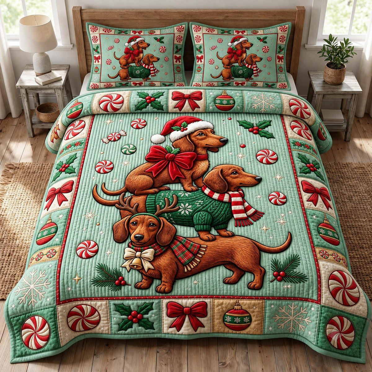 Christmas Dachshund quilted 3-piece bedding set on a made bed in a winter-styled bedroom