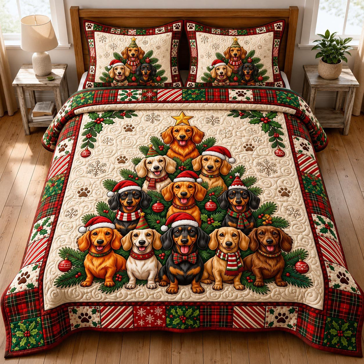 Christmas Dachshund quilted 3-piece bedding set on a made bed in a winter-styled bedroom