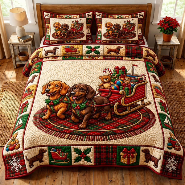Christmas Dachshund quilted 3-piece bedding set on a made bed in a winter-styled bedroom