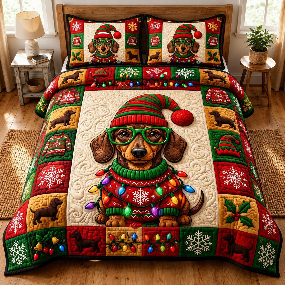 Christmas Dachshund quilted 3-piece bedding set on a made bed in a winter-styled bedroom