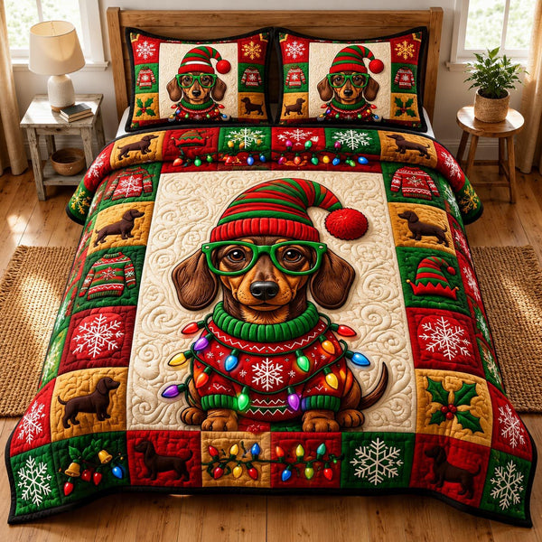Christmas Dachshund quilted 3-piece bedding set on a made bed in a winter-styled bedroom