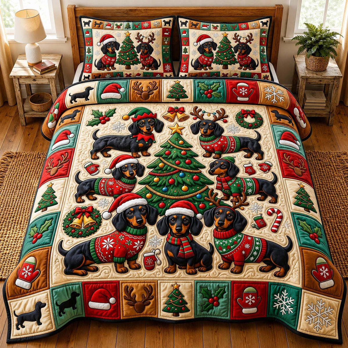 Christmas Dachshund quilted 3-piece bedding set on a made bed in a winter-styled bedroom