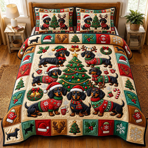 Christmas Dachshund quilted 3-piece bedding set on a made bed in a winter-styled bedroom