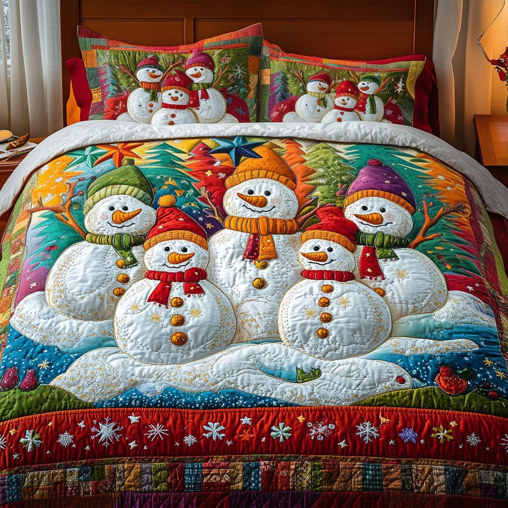 Christmas Dream quilted 3-piece bedding set on a made bed in a winter-styled bedroom