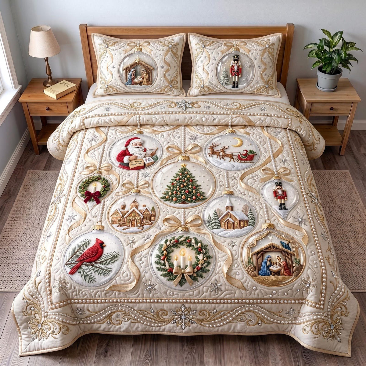 Christmas Elegance quilted 3-piece bedding set on a made bed in a winter-styled bedroom