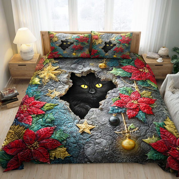 Christmas Eve Cat quilted 3-piece bedding set on a made bed in a winter-styled bedroom