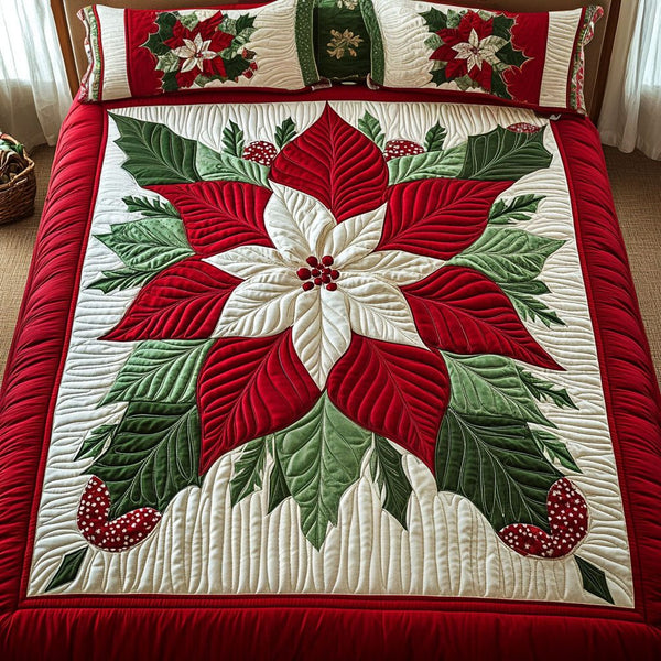 Christmas Eve Charm quilted 3-piece bedding set on a made bed in a winter-styled bedroom