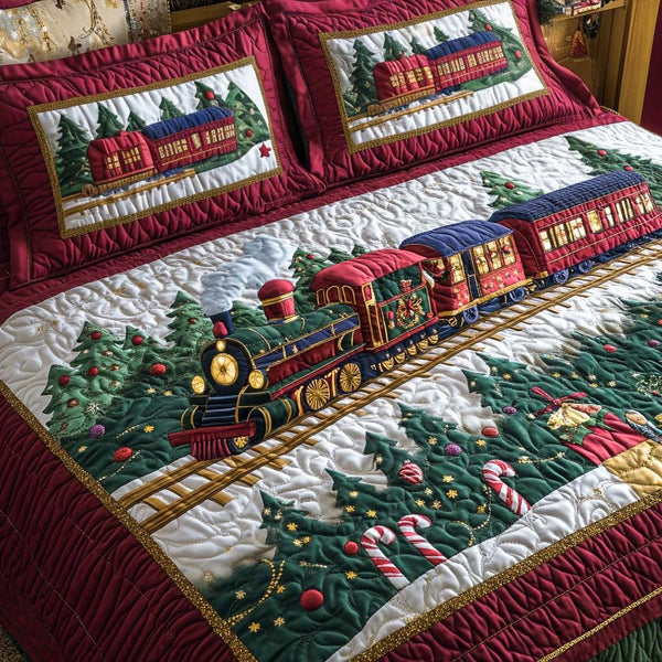 Christmas Eve Locomotive quilted 3-piece bedding set on a made bed in a winter-styled bedroom