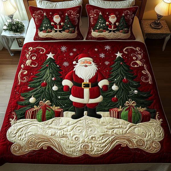 Christmas Eve quilted 3-piece bedding set on a made bed in a winter-styled bedroom