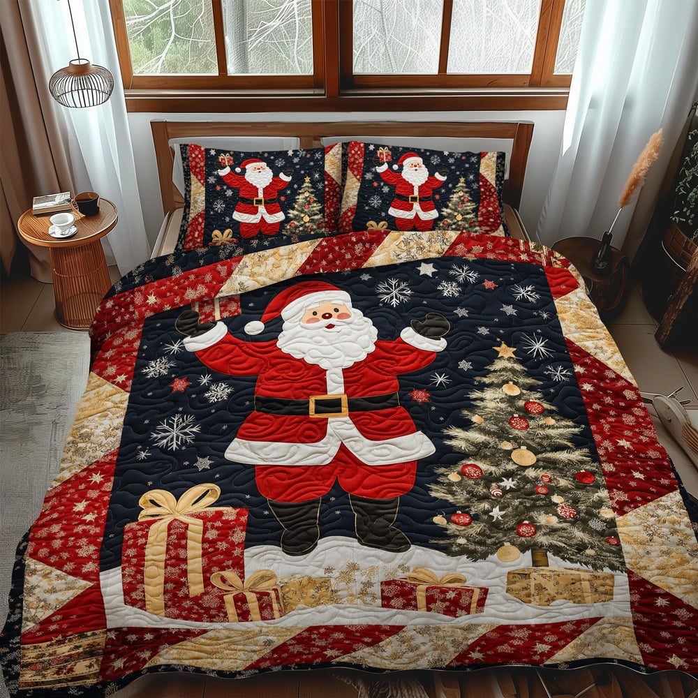 Christmas Eve Santa quilted 3-piece bedding set on a made bed in a winter-styled bedroom