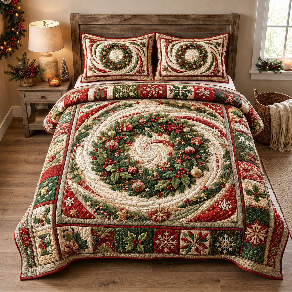 Christmas Evergreen Wreath quilted 3-piece bedding set on a made bed in a winter-styled bedroom