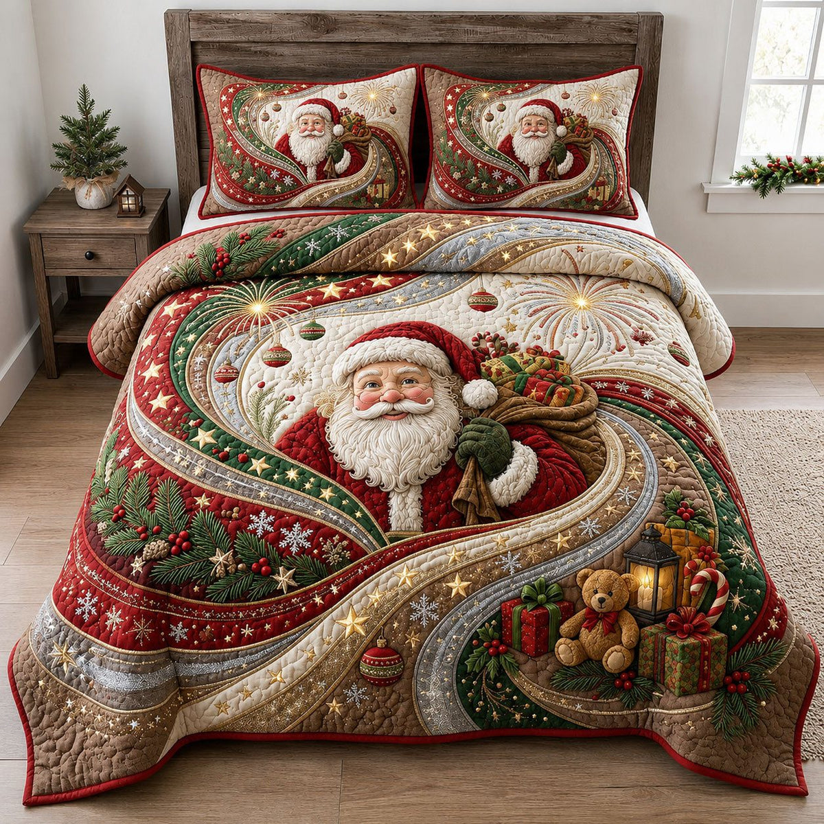 Christmas Firework Flow quilted 3-piece bedding set on a made bed in a winter-styled bedroom