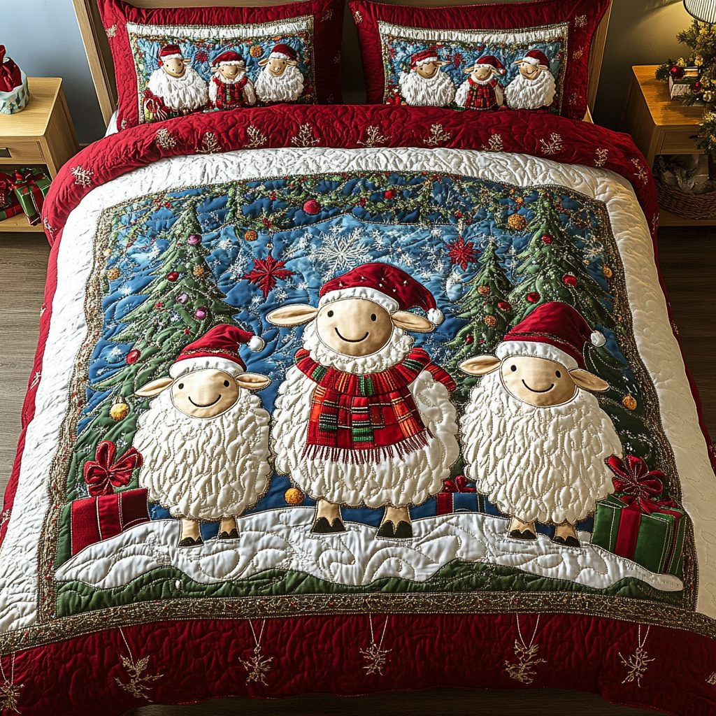 Christmas Flock quilted 3-piece bedding set on a made bed in a winter-styled bedroom