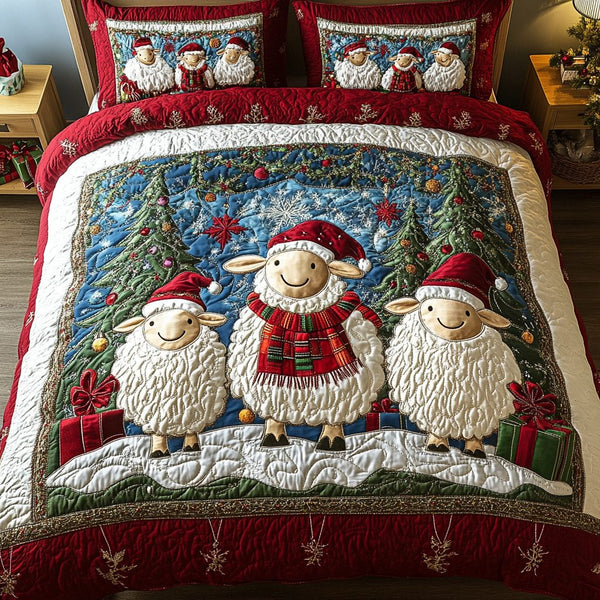 Christmas Flock quilted 3-piece bedding set on a made bed in a winter-styled bedroom