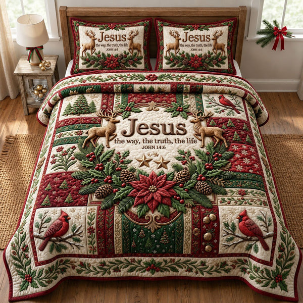 Christmas Floral Bible quilted 3-piece bedding set on a made bed in a winter-styled bedroom