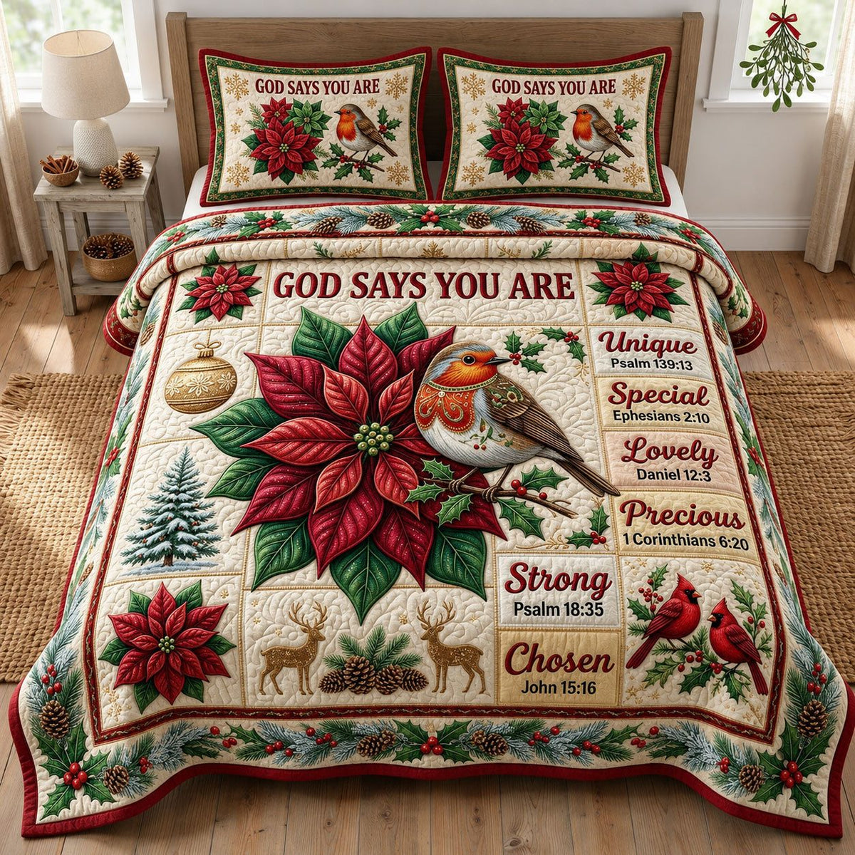 Christmas Floral Bible quilted 3-piece bedding set on a made bed in a winter-styled bedroom