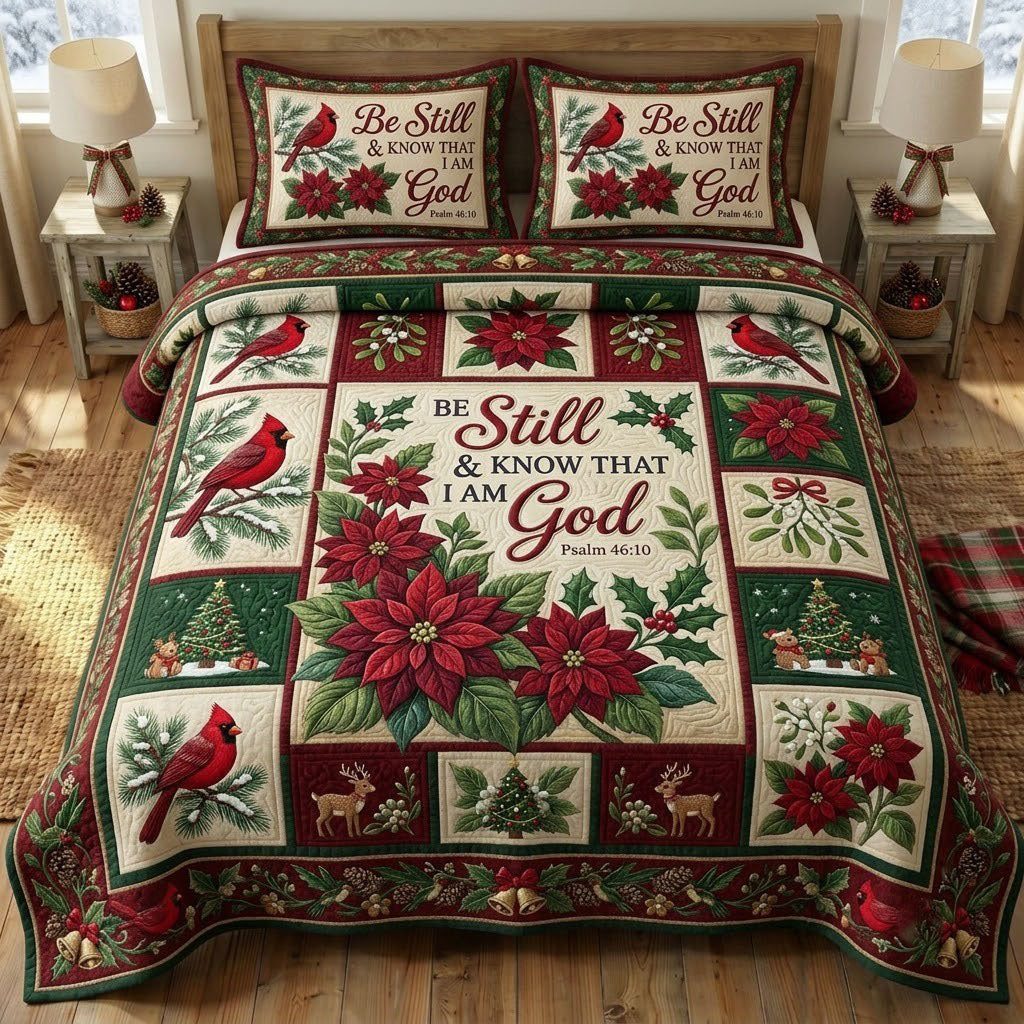 Christmas Floral Bible quilted 3-piece bedding set on a made bed in a winter-styled bedroom