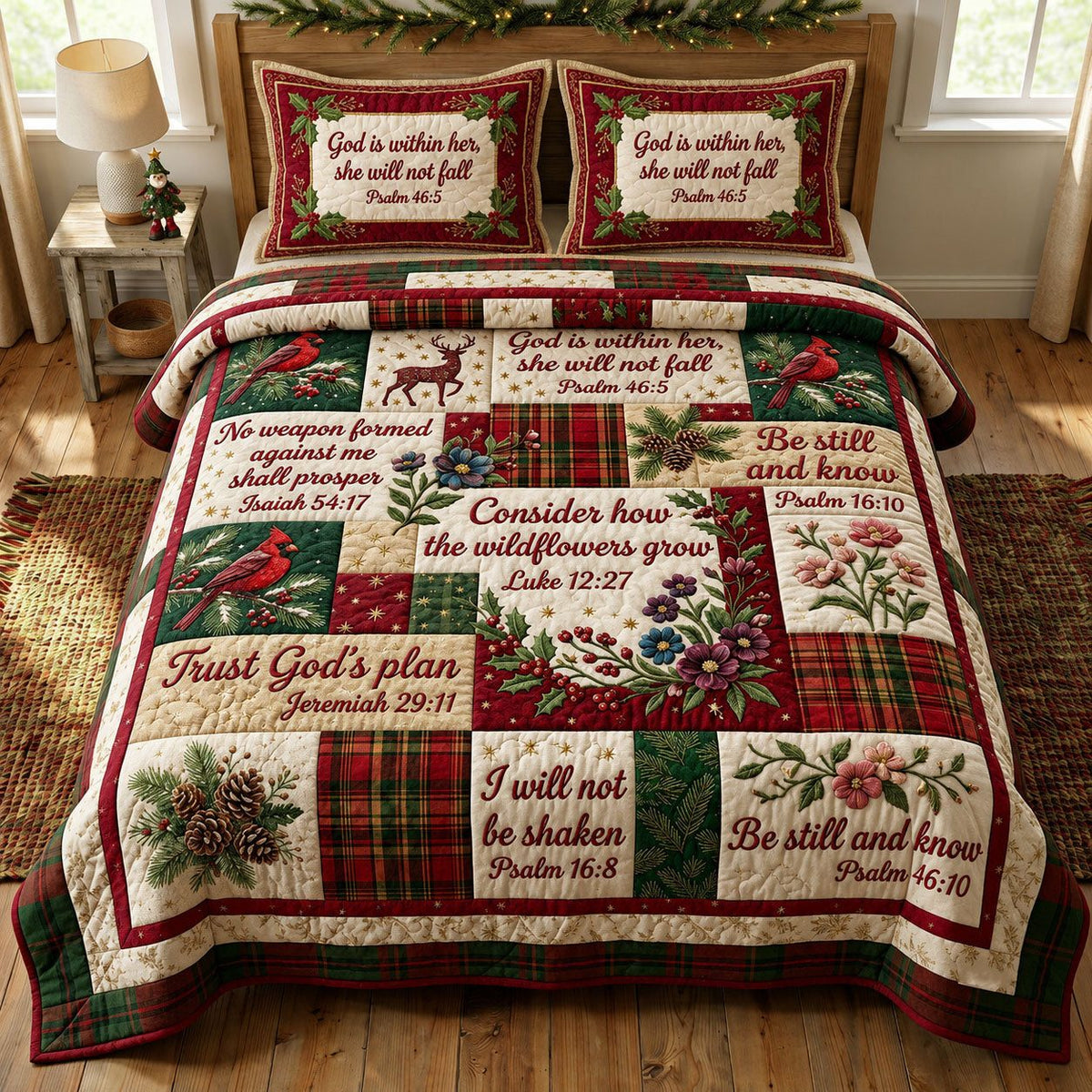 Christmas Floral Bible quilted 3-piece bedding set on a made bed in a winter-styled bedroom