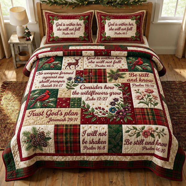 Christmas Floral Bible quilted 3-piece bedding set on a made bed in a winter-styled bedroom