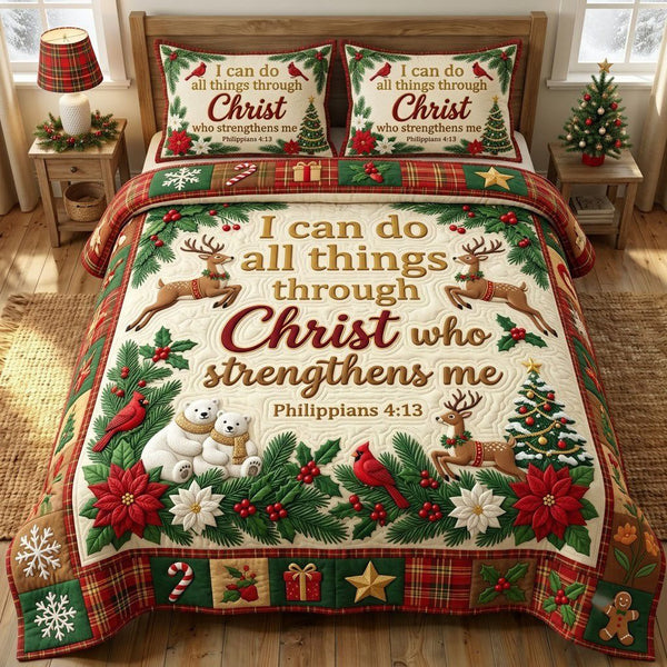 Christmas Floral Bible quilted 3-piece bedding set on a made bed in a winter-styled bedroom