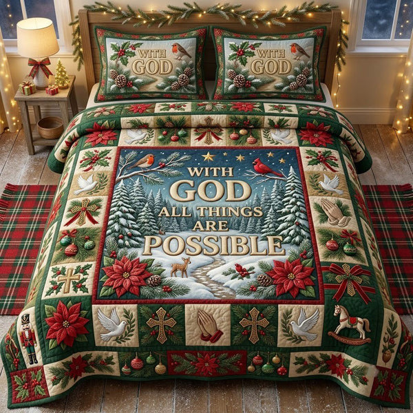 Christmas Floral Bible quilted 3-piece bedding set on a made bed in a winter-styled bedroom