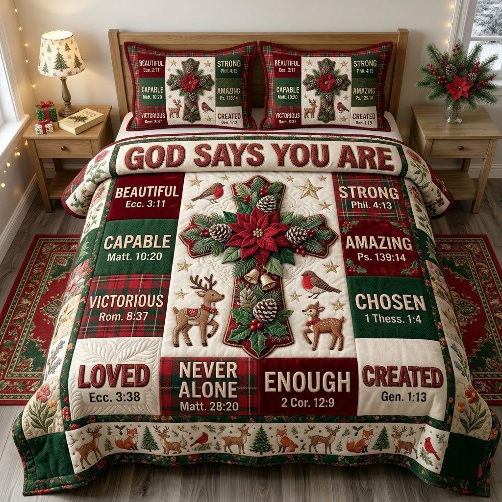 Christmas Floral Bible quilted 3-piece bedding set on a made bed in a winter-styled bedroom