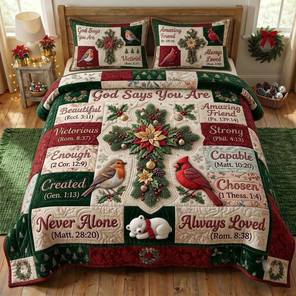 Christmas Floral Bible quilted 3-piece bedding set on a made bed in a winter-styled bedroom