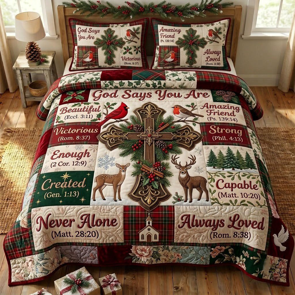 Christmas Floral Bible quilted 3-piece bedding set on a made bed in a winter-styled bedroom