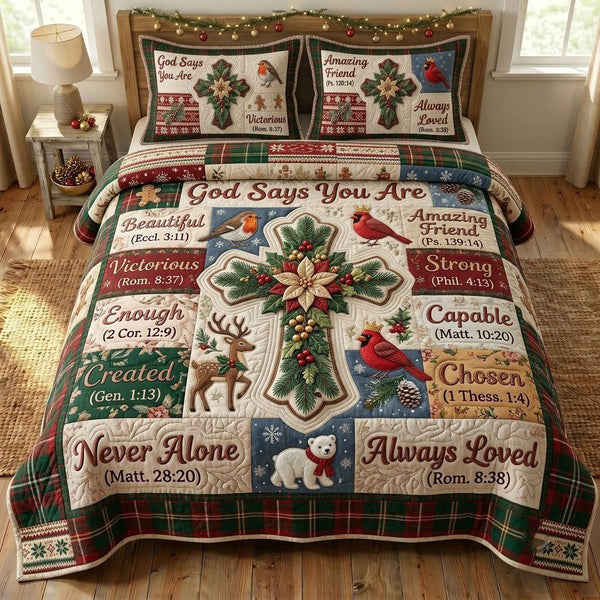 Christmas Floral Bible quilted 3-piece bedding set on a made bed in a winter-styled bedroom