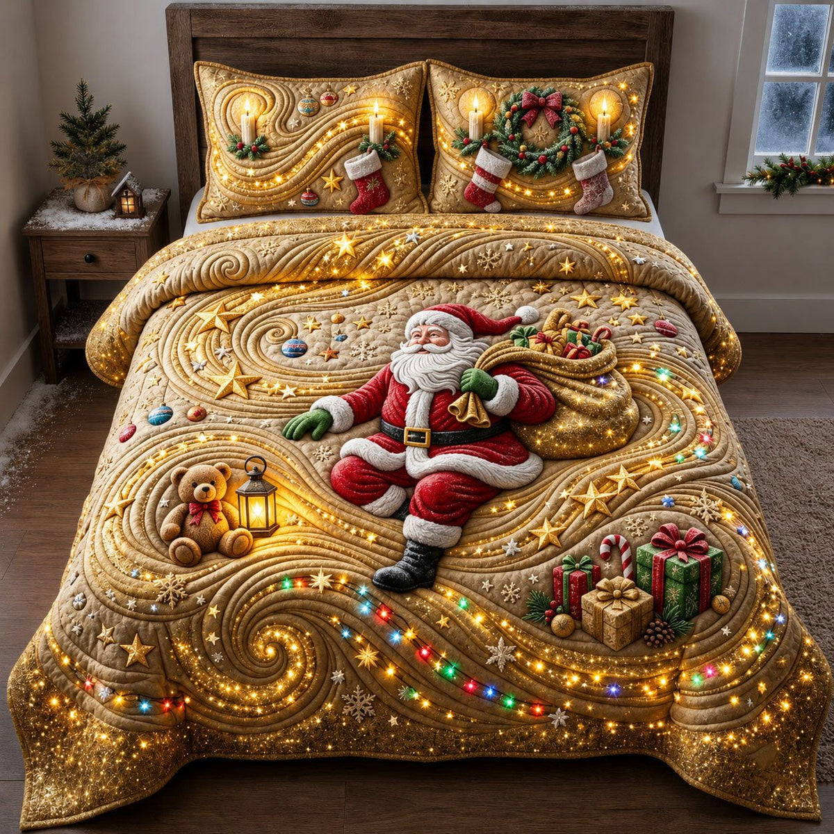 Christmas Flow quilted 3-piece bedding set on a made bed in a winter-styled bedroom
