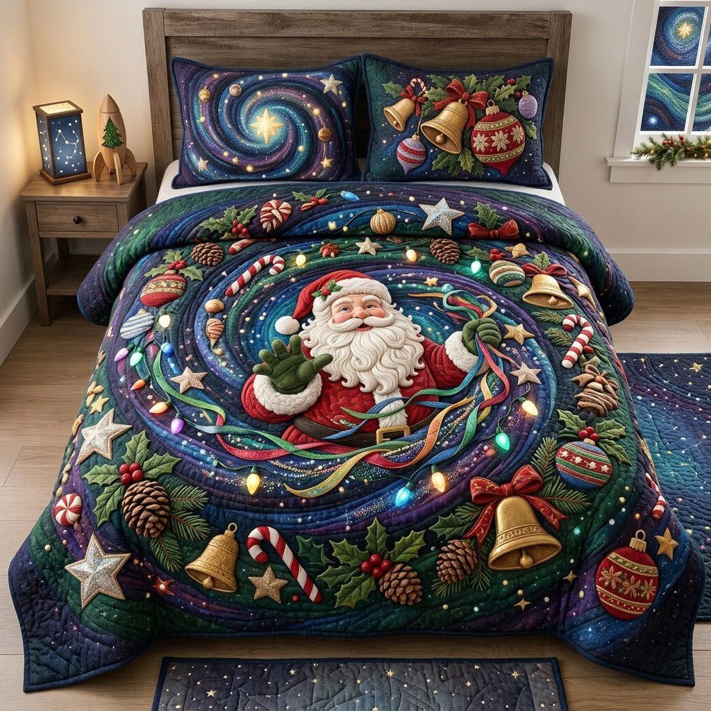 Christmas Galaxy quilted 3-piece bedding set on a made bed in a winter-styled bedroom