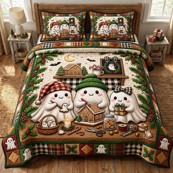 Christmas Ghost quilted 3-piece bedding set on a made bed in a winter-styled bedroom