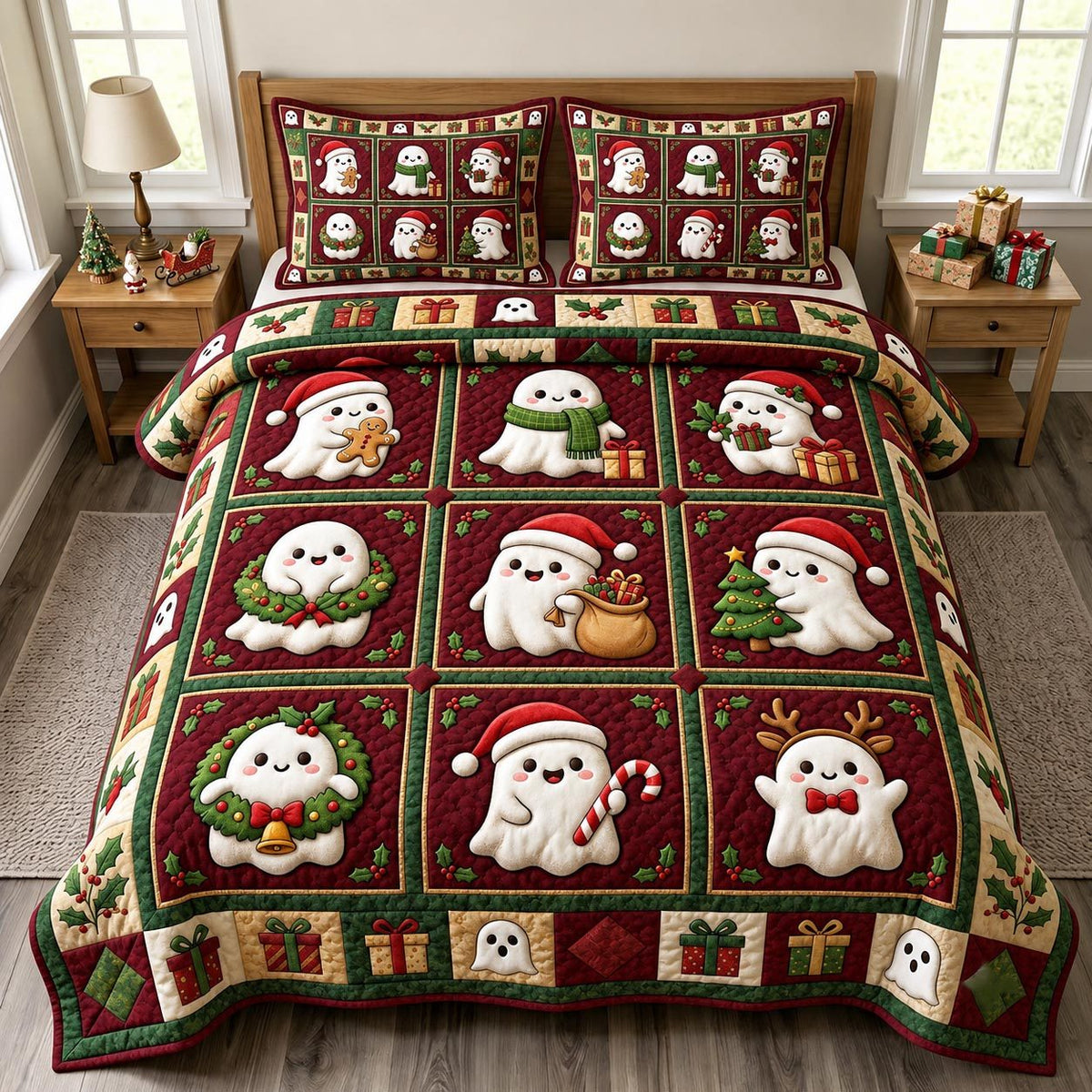 Christmas Ghost quilted 3-piece bedding set on a made bed in a winter-styled bedroom
