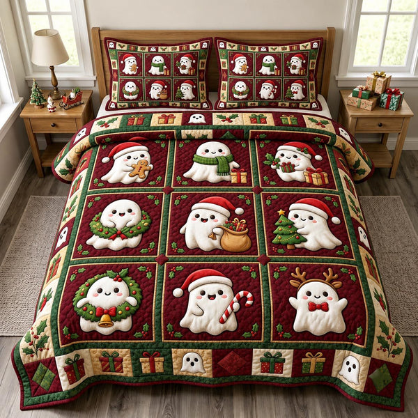 Christmas Ghost quilted 3-piece bedding set on a made bed in a winter-styled bedroom
