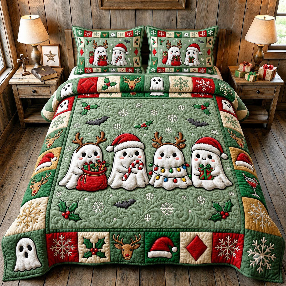 Christmas Ghost quilted 3-piece bedding set on a made bed in a winter-styled bedroom