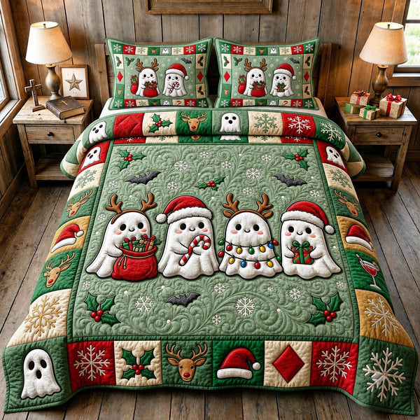 Christmas Ghost quilted 3-piece bedding set on a made bed in a winter-styled bedroom