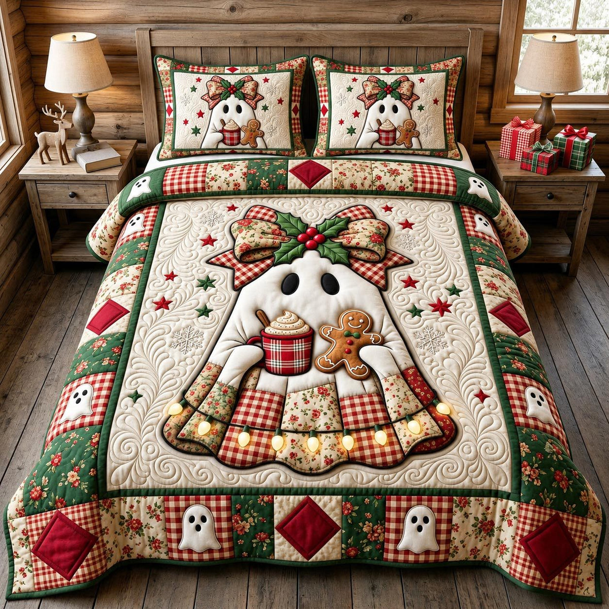 Christmas Ghost quilted 3-piece bedding set on a made bed in a winter-styled bedroom