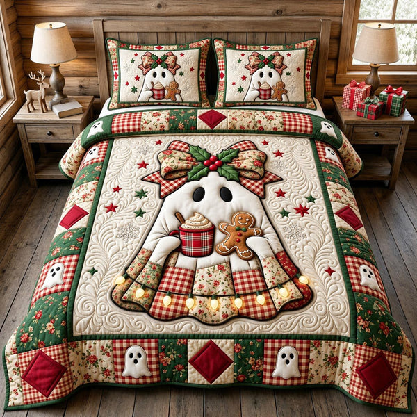 Christmas Ghost quilted 3-piece bedding set on a made bed in a winter-styled bedroom