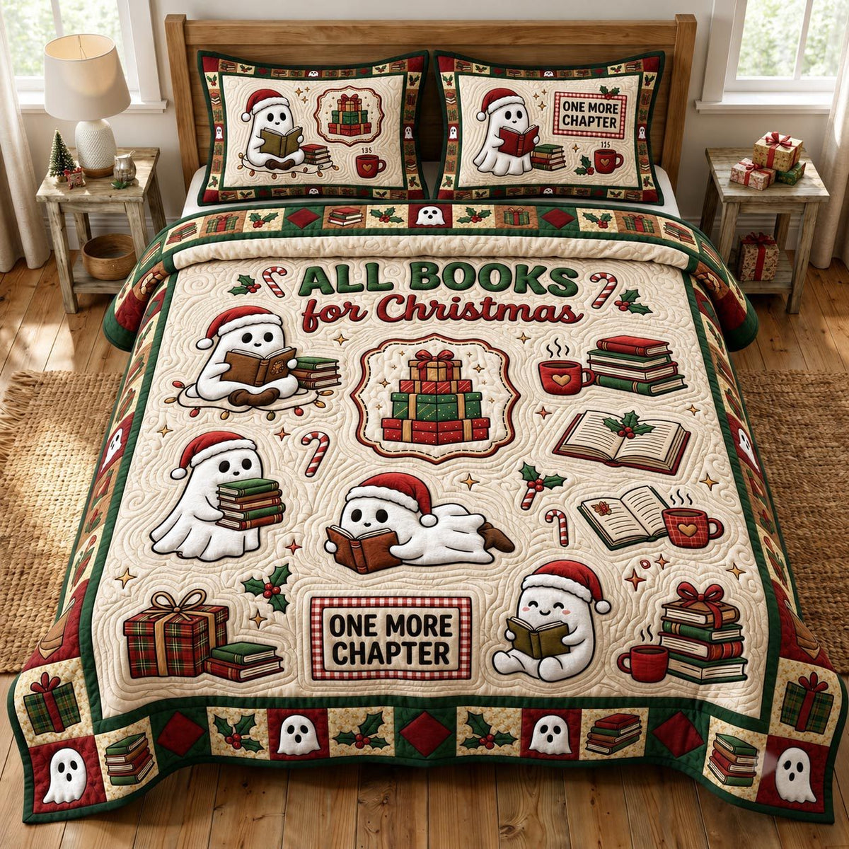 Christmas Ghost quilted 3-piece bedding set on a made bed in a winter-styled bedroom