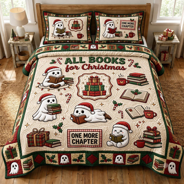 Christmas Ghost quilted 3-piece bedding set on a made bed in a winter-styled bedroom